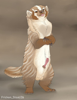 5_fingers 5_toes abstract_background anatomically_correct anatomically_correct_genitalia anatomically_correct_penis animal_genitalia animal_penis arm_markings arm_tuft arms_bent aroused back_markings ball_markings balls bedroom_eyes black_claws blep brindle_coat brown_background brown_body brown_ears brown_feet brown_fur brown_hands brown_markings brown_nose brown_pawpads brown_paws brown_sheath_slit brown_tail brown_thighs brown_tuft cheek_tuft claws countershade_fur countershade_tail countershading digitigrade elbow_tuft erection facial_markings facial_tuft feet feral finger_claws fingers fluffy fluffy_chest fur fur_markings furry_tail genital_markings genitals gradient_claws grey_nose hand_on_own_hand hands_crossed head_markings heart_(marking) inner_ear_fluff leg_markings looking_at_viewer male male_feral markings mask_(marking) monotone_balls monotone_feet monotone_genitals monotone_hands monotone_inner_ear monotone_penis multicolored_body multicolored_ears multicolored_fur multicolored_markings multicolored_tail multicolored_thighs multicolored_tuft mustelid_penis muzzle_(marking) narrowed_eyes naughty_face neck_tuft nubbed_penis on_hind_legs orange_eyes pawpads paws penis pink_pawpads pink_penis pink_tongue prepuce presenting presenting_penis quadruped seductive sheath sheath_slit shoulder_markings simple_background smug solo standing striped_markings stripes tail tail_markings tan_balls tan_body tan_fur tan_inner_ear_fluff tan_markings tan_sheath tan_tail tan_thighs tan_tuft three-quarter_view toe_claws toes tongue tongue_out tuft two_tone_claws two_tone_ears two_tone_nose white_body white_claws white_ears white_fur white_markings white_tail white_thighs white_tuft wide_tail conditional_dnp fricken_stoat fern_(rayne_hill) american_badger badger mammal mustelid musteline 2026 absurd_res digital_drawing_(artwork) digital_media_(artwork) flat_colors hi_res