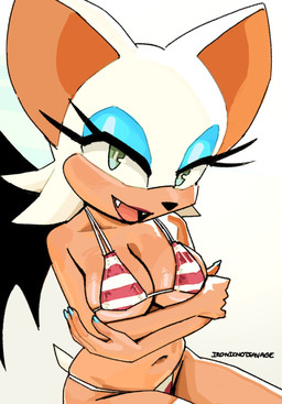 anthro bikini blush breasts cleavage clothed clothing female green_eyes skimpy solo swimwear two-piece_swimsuit wings ironicnotsavage sega sonic_the_hedgehog_(series) rouge_the_bat bat mammal hi_res