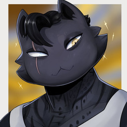 abstract_background anthro black_hair black_markings blind_eye clothed clothing front_view fur glistening glistening_eyes grey_body grey_fur hair looking_at_viewer male male_anthro markings mouth_closed pupils short_hair slit_pupils solo topwear white_clothing white_topwear yellow_eyes swampjaws epic_games fortnite felid mammal 1:1 bust_portrait portrait