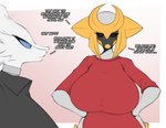 anthro big_breasts breasts clothed clothing dialogue duo female front_view fur grey_body hands_on_hips open_mouth pupils shirt side_view simple_background text topwear white_body white_fur saltyxodium nintendo pokemon generation_4_pokemon generation_5_pokemon giratina legendary_pokemon pokemon_(species) reshiram english_text hi_res