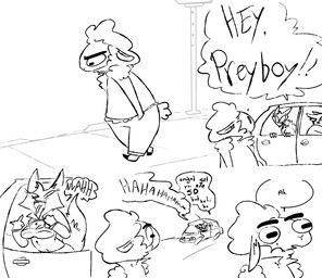 4_fingers 5_panel_comic anthro barefoot bodily_fluids car clothed clothed_anthro clothed_female clothed_male clothing clothing_lift detailed_background dialogue driving_car feet female fingers flashing flashing_breasts fully_clothed fully_clothed_anthro fully_clothed_female fully_clothed_male fur gesture group hand_gesture hands_in_both_pockets hooves horizontal_pupils inside_car inside_vehicle laugh male middle_finger pupils scut_tail shirt shirt_lift short_tail sidewalk speech_bubble sweat sweatdrop tail tank_top text tongue tongue_out topwear trio vehicle walking wool_(fur) the_weaver pack_street remmy_cormo unnamed_character bovid caprine mammal sheep unknown_species 2026 comic digital_drawing_(artwork) digital_media_(artwork) english_description english_text hi_res monochrome
