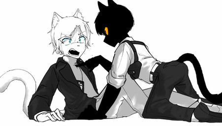 angry anthro arched_back black_body black_clothing black_hair black_jacket black_topwear blue_eyes clothing duo hair jacket male male/male poking poking_chest shirt tail topwear white_body white_clothing white_hair white_shirt white_topwear yelling yellow_eyes dullanboi kiran_mann_(dullanboi) ming_yue_chen_(dullanboi) felid feline mammal