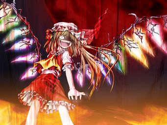 :d alternative_fashion blood bodily_fluids bonnet claws clothed clothing creepy crystal dress evil_grin fangs female fingernails glowing glowing_eyes goth gothic_lolita headgear headwear j-fashion laugh lolita_(fashion) looking_at_viewer nails not_furry raining rape_face smile solo standing teeth wings aozora_market touhou flandre_scarlet undead vampire 4:3
