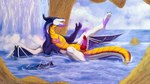 belly feral genitals knot magic_hands male membrane_(anatomy) membranous_wings penis purple_eyes scales solo splash water waterfall white_body white_scales wings yellow_belly icy-marth mythology dragon mythological_creature mythological_scalie scalie 16:9 widescreen