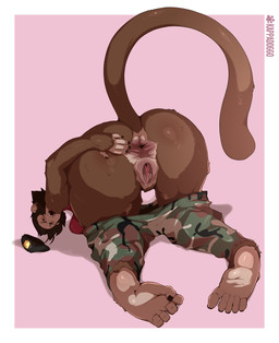 angry anthro anus big_butt blush bottomwear bottomwear_down breasts butt clothed clothing feet female genitals hat headgear headwear looking_at_viewer looking_back open_mouth pants pants_down partially_clothed prehensile_feet presenting presenting_anus presenting_hindquarters raised_tail simple_background solo spread_anus spread_butt spreading tail tail_anus toes vulva kappadoggo haplorhine mammal monkey primate 2018 hi_res