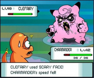 ambiguous_gender attack battle duo fire flaming_tail gameplay_mechanics gender_symbol gui health_bar male_symbol nightmare_fuel orange_body orange_skin pokemon_battle scary symbol tail unknown_artist nintendo pokemon charmander clefairy generation_1_pokemon pokemon_(species) reptile scalie low_res
