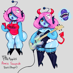alternative_fashion anthro big_breasts big_butt breasts bulge butt clothing collar costume ear_fins electric_guitar fin footwear goth guitar gynomorph hair hair_over_eye high_heels horn intersex lips markings mole_(marking) mole_under_mouth musical_instrument overweight plucked_string_instrument red_eyes resting_bitch_face sharp_teeth shoes short_hair skull_and_crossbones slightly_chubby slightly_chubby_anthro slightly_chubby_gynomorph slightly_chubby_intersex solo spade_tail string_instrument tail teeth thick_lips topwear underwear yellow_sclera somescrub nickelodeon spongebob_squarepants annie_soapsuds anglerfish aquatic fish 1:1 hi_res