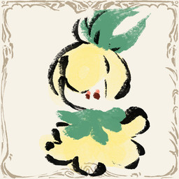 border female red_eyes simple_background solo yellow_border otiksimr nintendo pokemon elemental_creature generation_5_pokemon petilil pokemon_(species) 1:1 low_res painting_(artwork) watercolor_(artwork)