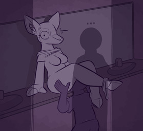anthro biped breasts caught_in_the_act cunnilingus duo ellipsis featureless_breasts female fingers hooved_fingers hooves looking_at_viewer male male/female oral sex sink surprised vaginal walk-in wide_eyed zzx anon malory_maven_(zzx) giraffid human mammal okapi 2021 digital_media_(artwork)