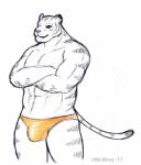2017 abs alexyorim anthro bulge clothed clothing crossed_arms felid hi_res looking_at_viewer male mammal navel orange_clothing orange_eyes orange_underwear pantherine portrait simple_background skimpy solo speedo swimwear three-quarter_portrait tiger topless traditional_media_(artwork) underwear white_background