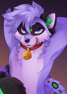 anthro bell bell_collar black_eyebrows black_markings black_nose collar collar_only eyebrows facial_markings fur green_markings hair hands_behind_back head_markings licking licking_lips male markings mask_(marking) nude pink_tongue purple_body purple_eyes purple_fur purple_hair red_collar short_hair simple_background snout solo tail tongue tongue_out whiskers feve mammal procyonid raccoon colored digital_drawing_(artwork) digital_media_(artwork) hi_res shaded