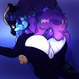 anthro big_breasts braided_hair breasts butt chibi clothing cosmic_background cosmic_hair dark_body ethereal_hair female fluffy fluffy_hair fur hair horn kneeling long_hair looking_at_viewer looking_back multicolored_body multicolored_fur nipples panties panty_shot pupils solo underwear unusual_pupils yellow_eyes yellow_nipples syst nintendo pokemon fan_character starla_(syst) camel camelid cosmog generation_5_pokemon generation_7_pokemon generation_8_pokemon hybrid legendary_pokemon mammal pokemon_(species) whimsicott wooloo 1:1 2021 cel_shading digital_media_(artwork) hi_res shaded