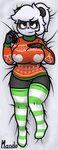 anthro bed big_breasts blush breasts camel_toe clothed clothing dakimakura female furniture hair holidays looking_at_viewer ponytail slightly_chubby smile solo thick_thighs ugly_sweater mando christmas dolly_may bear giant_panda mammal absurd_res dakimakura_design hi_res