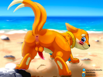 2_tails all_fours animal_genitalia animal_penis anthro anus balls beach blue_eyes blush butt erection facial_markings footprint fur genitals head_markings looking_at_viewer looking_back looking_back_at_viewer male markings mouth_closed multi_tail multicolored_body nude orange_body orange_fur orange_tail paws penis presenting presenting_anus presenting_hindquarters raised_tail rear_view sand sand_on_foot smile smiling_at_viewer solo tail water yellow_body yellow_fur fallofdusty nintendo pokemon buizel generation_4_pokemon mammal mustelid musteline otter pokemon_(species) true_musteline weasel hi_res