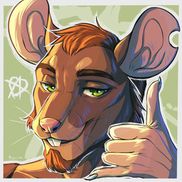 5_fingers anthro beard big_ears brown_body brown_fur brown_hair claws facial_hair fingers fur gesture goatee green_eyes hair hand_gesture male notched_ear pink_nose shaka_sign smile solo teeth teeth_showing whiskers brymcha magnus_halvorsen brown_rat mammal murid murine rat rodent 1:1 absurd_res bust_portrait digital_media_(artwork) hi_res portrait