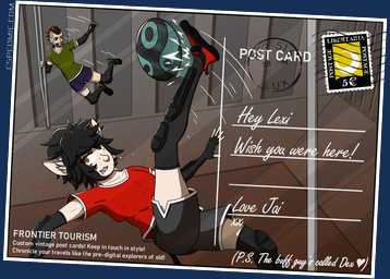 arm_warmers armwear athletic_wear ball black_hair bottomwear brown_hair clothing duo elbow_pads femboy fingerless_gloves five_o'clock_shadow freckled_arms freckled_face freckles gloves gym_bottomwear gym_shorts hair handwear inner_ear_fluff male mohawk pale_skin postage_stamp postcard shinguards shorts simple_background sports_top text toe_shoes transparent_background tuft yellow_eyes zero_gravity skelpie cutest_space_pirate!!! jaimie_winters animal_humanoid cat_humanoid felid felid_humanoid feline feline_humanoid human humanoid mammal mammal_humanoid alpha_channel cel_shading digital_media_(artwork) english_text shaded url
