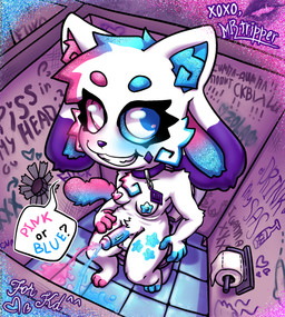 anthro bathroom bodily_fluids breasts crystal dirty erection genital_fluids glory_hole graffiti gynomorph heart_symbol intersex peeing postcard public_restroom solo sparkles text toony urine trippertrip hybrid english_text hi_res