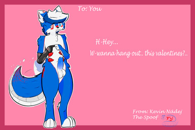 4_eyes anthro blue_body blue_fur blush bodily_fluids fangs fur fur_markings genital_fluids genitals heterochromia holidays leaking_precum looking_at_viewer male markings multi_eye penis precum robotic_arm solo tail tail_motion tailwag teeth valentine's_day_card white_body white_fur spoofermweb valentine's_day kevin_nadej canid canine canis hybrid mammal wolf 3:2 absurd_res hi_res