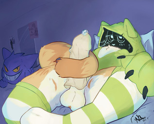 anthro autotailjob balls bedroom blush blush_lines bodily_fluids bottomless claws clothed clothing femboy flustered fur genital_fluids genitals green_clothing green_legwear hand_on_leg hoodie humanoid_genitalia humanoid_penis legwear long_tail lying male markings masturbation multicolored_body on_back orange_body orange_fur orange_tail pattern_clothing pattern_legwear penis precum solo tail tail_around_penis tail_fetish tail_masturbation tail_play thick_thighs thigh_highs tired_eyes topwear white_body white_fur neonbrutality nintendo pokemon bunjo_(neonbrutality) domestic_cat felid feline felis generation_1_pokemon gengar mammal pokemon_(species) hi_res