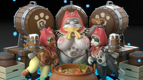 anthro areola belly belly_markings beverage big_breasts black_background black_eyes blue_sclera bodily_fluids breastmilk breasts brown_areola brown_body brown_fur brown_nipples claws clothing cooking_pot elderly elderly_female eyelashes eyes_closed eyewear fangs feet female front_view fur genitals glasses gloves_(marking) gradient_background grey_background grey_body grey_fur grey_pubes group headgear headgear_only headwear headwear_only holding_beverage holding_object huge_breasts lactating leg_markings looking_at_viewer markings mature_female milk milk_on_tongue mostly_nude navel nipples nude pubes red_clothing red_headwear round_glasses scarf shortstack simple_background small_breasts small_glasses socks_(marking) teeth thick_thighs tongue tongue_out trio vulva wearing_glasses white_body white_claws white_fur wide_hips yellow_body yellow_fur yellow_scarf general_buta capcom monster_hunter grammeowster_chef felid felyne lynian mammal palico 16:9 3d_(artwork) 4k absurd_res digital_media_(artwork) hi_res widescreen