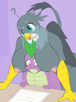 anthro anthro_on_anthro anthrofied areola between_breasts big_breasts blood bodily_fluids breasts duo feathered_wings feathers female grey_body grey_feathers huge_breasts male nipples nosebleed nude purple_body purple_scales question_mark scales school tail wings young lurking_tyger friendship_is_magic hasbro my_little_pony mythology gabby_(mlp) spike_(mlp) avian dragon gryphon mythological_avian mythological_creature mythological_scalie scalie 3:4 hi_res