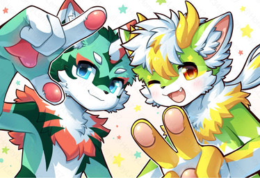 1_horn 2_horns 4_fingers anthro biped black_outline blue_eyes blush blush_lines chest_tuft cute_fangs dragon_horn duo fangs finger_gun fingers fur gesture glistening glistening_eyes green_body green_fur hair hand_gesture horn inner_ear_fluff kemono looking_at_viewer male one_eye_closed open_mouth open_smile outline pattern_background pawpads simple_background smile smiling_at_viewer star-shaped_background star_polygon teeth tuft v_sign white_background white_body white_fur wink winking_at_viewer yellow_body yellow_eyes yellow_fur honeylemon13457 mythology honlem lai_ka aquatic dragon fish furred_dragon furred_fish furred_scalie mythological_creature mythological_scalie scalie 2025 cel_shading digital_drawing_(artwork) digital_media_(artwork) distracting_watermark hi_res shaded watermark
