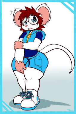5_fingers anthro big_butt black_eyewear black_glasses blue_border blue_bottomwear blue_clothing blue_eyes blue_footwear blue_hoodie blue_shirt blue_shoes blue_shorts blue_topwear blush bodily_fluids border bottomwear buckteeth butt clothing crop_top_hoodie eyewear femboy fingers footwear front_view fur glasses hair hand_on_arm hoodie looking_away male pink_inner_ear pink_nose pupils red_hair shirt shoes shorts simple_background solo standing sweat sweatdrop teeth thick_thighs topwear white_background white_body white_clothing white_footwear white_fur white_shoes wide_hips zipper felino toshiko_(rushthewolf) mammal mouse murid murine rodent 2026 absurd_res hi_res