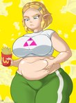 accessory annoyed belly belly_grab belly_squish big_breasts biped blonde_hair bottomwear braided_hair breasts chewing clothed clothing cosplay crossover_cosplay curvy_figure eating exposed_belly eyelashes female food food_in_mouth fries frown hair hair_accessory hairclip holding_food holding_object humanoid_pointy_ears light_body light_skin lips looking_at_own_belly looking_at_self love_handles muffin_top narrowed_eyes navel not_furry overweight overweight_female overweight_humanoid pants pointy_ears pupils shirt short_hair simple_background solo squish standing sweatpants text thick_thighs tight_clothing tight_shirt tight_topwear topwear triforce_print upset weight_conscious weight_gain wide_hips yellow_background teenagebratwurst breath_of_the_wild nintendo plus-sized_elf the_legend_of_zelda elfuda_(plus-sized_elf) princess_zelda elf humanoid hylian 2024 absurd_res crossover hi_res portrait three-quarter_portrait url