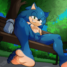 animal_genitalia anthro balls bench blue_body clothing curling_toes dutch_angle ear_piercing feet fully_sheathed genitals gloves green_eyes handwear looking_at_viewer low-angle_view male nipple_piercing nipples outside park park_bench piercing plant sheath shirtless_male shrub sitting sky smile soles solo teeth toes tree marketablebunny sega sonic_the_hedgehog_(series) sonic_the_hedgehog eulipotyphlan hedgehog mammal 1:1 absurd_res hi_res