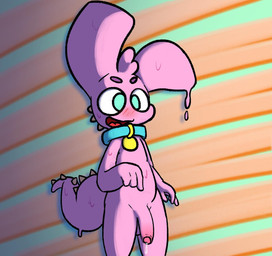 anthro balls blush bodily_fluids collar genital_fluids genitals gesture hand_gesture male nude penis pointing pointing_at_penis precum solo rabblet pinky_(lewdpurplgoo) goo_creature 2019 hi_res