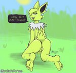 5_toes anthro anus barefoot breasts butt dialogue feet female foot_fetish foot_focus fur genitals hair humanoid_feet looking_at_viewer nipples nude open_mouth plantigrade pussy soles solo tail talking_to_viewer text toes notsafeforvee nintendo pokemon eeveelution generation_1_pokemon jolteon mammal pokemon_(species) shiny_pokemon absurd_res digital_media_(artwork) english_text hi_res