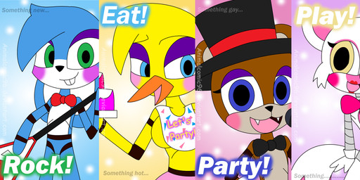 anthro beak bib big_breasts black_nose blue_body blue_eyes blue_fur blush bow_(feature) bow_tie breasts brown_body brown_fur buckteeth clothing cupcake electric_guitar electronics fangs feathers female femboy food fur green_eyes guitar happy hat headgear headwear machine makeup male microphone musical_instrument oil open_mouth plucked_string_instrument red_nose smile string_instrument teeth text white_body white_fur yellow_body yellow_eyes yellow_feathers animalcomic96 five_nights_at_freddy's five_nights_at_freddy's_2 scottgames sister_location funtime_foxy_(fnaf) mangle_(fnaf) toy_bonnie_(fnaf) toy_chica_(fnaf) toy_freddy_(fnaf) animatronic avian bear bird canid canine chicken fox galliform lagomorph leporid mammal phasianid rabbit robot 2015 absurd_res english_text hi_res multiple_images