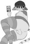 anthro balls beanie clothing crossgender ftg_crossgender fti_crossgender genitals grabbing gynomorph hat headgear headwear intersex legwear piercing saggy_balls smug solo thigh_highs tzuni26 epic_games fortnite meow_skulls domestic_cat felid feline felis mammal absurd_res hi_res monochrome