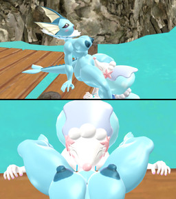 anthro big_nipples breasts cunnilingus duo female female/female female_pov first_person_view frill_(anatomy) genitals huge_nipples nipples oral pokemorph sex starfish_(accessory) tail vaginal vulva silverteam2017 nintendo pokemon aquatic asterozoan echinoderm eeveelution generation_1_pokemon generation_7_pokemon pokemon_(species) primarina starfish vaporeon 3d_(artwork) digital_media_(artwork) hi_res mikumikudance_(artwork)