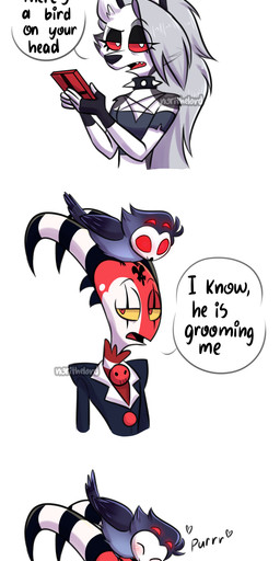 3_panel_comic 4_eyes anthro blush blush_lines carrying_another cellphone clothed clothing collar dialogue electronics empty_eyes feathers female feral feralized forehead_tattoo fur grey_body grey_feathers group hair heart_symbol holding_object holding_phone horn long_hair male markings multi_eye notched_ear on_head on_top phone purring red_body red_eyes red_sclera red_skin simple_background smartphone spiked_collar spikes striped_horn stripes suit tail tail_feathers text trio white_background white_body white_face white_fur white_hair white_markings wings yellow_sclera norithelord hellaverse helluva_boss mythology blitzo_(helluva_boss) loona_(helluva_boss) stolas_(helluva_boss) avian bird canid canid_demon canine demon hellhound humanoid imp mammal mythological_canine mythological_creature owl owl_demon 2021 absurd_res comic english_description english_text half-length_portrait hi_res portrait