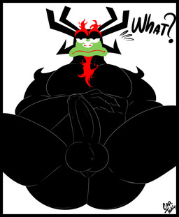 abs asking asking_viewer balls barazoku beard biceps big_butt butt dialogue erection facial_hair genitals goatee half-closed_eyes male manly muscular muscular_male narrowed_eyes not_furry nude pecs penis perineum presenting presenting_hindquarters question question_mark sitting solo spread_legs spreading talking_to_viewer text thick_thighs triceps thecaptainteddy cartoon_network samurai_jack aku demon english_text