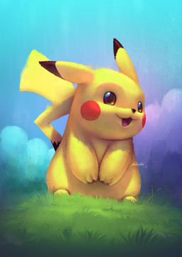ambiguous_gender cloud day fur grass open_mouth open_smile plant smile solo yoshiyaki nintendo pokemon generation_1_pokemon pikachu pokemon_(species) 2015 signature