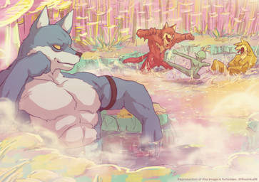 abs anthro bathing biceps group male muscular muscular_male pecs maddy_(artist) dragon_ball dragon_ball_super basil_(dragon_ball) bergamo lavender_(dragon_ball_super) roh_(dragon_ball) humanoid