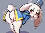 anthro bent_over big_butt blush bodily_fluids butt clothed clothing female fur no_underwear solo sweat white_body white_fur mohurin shangri-la_frontier emul_(shangri-la_frontier) lagomorph leporid mammal rabbit vorpal_bunny hi_res