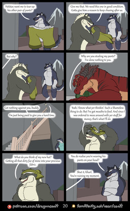 4_fingers against_surface against_wall anthro backpack black_body black_fur black_horn black_stripes blue_clothing blue_eyes blue_shirt blue_topwear bottomwear breasts clothed clothing crossed_arms dialogue eavesdropping eight_frame_image featureless_chest female fingers fur furaffinity_logo green_bottomwear green_clothing green_shorts grey_body grey_fur group hand_on_head holding_clothing holding_object horn loincloth lying male mountain muscular muscular_anthro muscular_male on_front pants_on_head parapet patreon_logo pecs red_body red_eyes red_fur rooftop shirt shorts sky stairs stripes tail tan_body tan_fur text topless topless_anthro topless_male topwear white_body white_fur rimentus furaffinity mythology patreon allie_(rimentus) coalt holstar_(rimentus) kharl_(rimentus) canid canine canis dragon furred_dragon furred_scalie mammal mythological_creature mythological_scalie scalie wingless_dragon wolf 2022 comic english_text hi_res url
