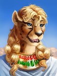 blonde_hair blue_eyes desert egyptian female hair jewelry looking_at_viewer solo magicalkaleidoscope cheetah felid feline mammal 2021 bust_portrait portrait