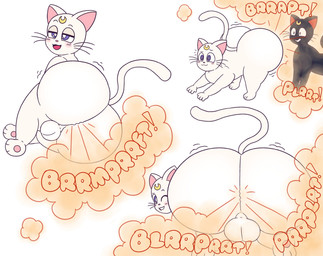 balls big_butt black_body black_fur blue_eyes blush butt duo fart fart_cloud fart_fetish farting_on_another female feral fur genitals half-closed_eyes huge_butt looking_back male mouth_closed narrowed_eyes one_eye_closed open_mouth pawpads red_eyes simple_background smile stretching tail thick_thighs whiskers white_background white_body white_fur drawful-s sailor_moon_(series) artemis_(sailor_moon) luna_(sailor_moon) domestic_cat felid feline felis mammal 2021 absurd_res hi_res