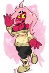 big_breasts biped boots bottomwear breasts clothed clothing female footwear freckles gesture hair huge_breasts long_hair looking_at_viewer not_furry pink_hair ponytail red_body red_skin shoes simple_background smile solo sweater topwear waving wide_hips yellow_sclera glimglam kyoob_(thegentlebro) humanoid mimic 2020 digital_media_(artwork) hi_res