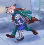 anthro asian_clothing blush clothing duo east_asian_clothing female japanese_clothing japanese_school_uniform male raining school_uniform serafuku simple_background uniform white_background paulgq disney zootopia judy_hopps nick_wilde canid canine fox lagomorph leporid mammal rabbit red_fox true_fox