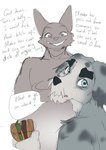 anthro burger dialogue dirty_talk duo eating eyebrows floppy_ears food fur grey_body grey_fur male speech_bubble text thick_eyebrows akitokit scottie_(scottieman) canid canine canis domestic_dog mammal english_text hi_res sketch