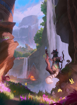 ambiguous_gender anthro bow_(weapon) brown_body brown_fur clothing cloud day detailed_background facial_markings flower forest fungus fur grass head_markings holding_bow_(weapon) holding_object holding_ranged_weapon holding_weapon looking_back looking_up markings mask_(marking) mountain mushroom outside plant quiver_(object) ranged_weapon solo standing tail tree water waterfall weapon whiskers andrew_theophilopoulos hasbro magic:_the_gathering wizards_of_the_coast ambient_arthropod ambient_butterfly ambient_insect mammal procyonid raccoon 2024 absurd_res digital_media_(artwork) hi_res official_art