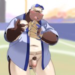 anthro ball balls baseball_(ball) baseball_(sport) baseball_cap baseball_field baseball_glove belly big_belly black_nose blush brown_body clothing flaccid foreskin genitals hat headgear headwear humanoid_genitalia humanoid_hands humanoid_penis kemono male navel outside overweight overweight_male penis pubes solo sport tight_foreskin dokyudokyu1 bear mammal 1:1 2022 absurd_res hi_res