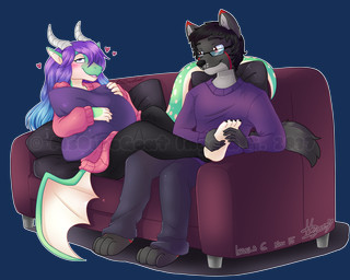 2_horns 4_toes anthro barefoot black_bottomwear black_clothing black_eyebrows black_floor black_hair black_nose black_pants blue_hair bottomwear brown_eyes claws clothing copyright_symbol countershade_face countershading duo eyebrows eyelashes eyewear feet female foot_grab foot_rub fur furniture glasses green_body green_scales grey_body grey_ears grey_fur grey_inner_ear hair heart_symbol holding_object holding_pillow horn long_hair long_tail looking_up male male/female markings on_sofa pants pillow pink_clothing pink_sweater pink_topwear plantigrade purple_bottomwear purple_clothing purple_eyes purple_hair purple_pants purple_sweater purple_topwear red_stripes scales short_hair sitting sitting_on_sofa smile smiling_at_another smiling_at_partner snout sofa spots spotted_body spotted_fur stripes sweater symbol tail text toe_claws toes topwear wavy_hair white_body white_inner_ear white_scales wings dinogoat mythology canid canine dragon mammal mythological_creature mythological_scalie scalie 2017 5:4 alpha_channel artist_name dated watermark
