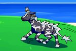 accessory beach blue_eyes dreadlocks feral grey_body hair_accessory hair_tie hooves male mane running seaside solo stripes gyrotech nintendo pokemon ruzestrika equid generation_5_pokemon mammal pokemon_(species) zebstrika