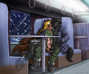 5_fingers anthro anthro_on_anthro ball_fondling balls black_body black_fur black_hair black_nose breasts brown_body brown_fur brown_hair clothed clothed_anthro clothed_female clothed_male clothing duo erection female fingers fondling footwear fur genitals green_hair hair handjob humanoid_hands male male/female multicolored_body multicolored_fur penile penis sex shoes smile snow snowing tongue tongue_out train vehicle jackunator cece_(blustar34) connor_(blustar34) canid canine canis hybrid hyena mammal wolf 6:5 hi_res